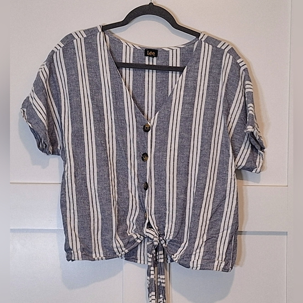 Lee Linen Rayon V Neck Button Down Short Sleeve Verticle Striped Top Blue Large